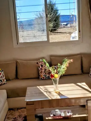 a living room with a couch and a vase of flowers on a table at Marwan's apartment 2 in Ifrane