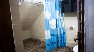 a bathroom with a blue shower curtain and a toilet at Extrait d'atlas in Tafza