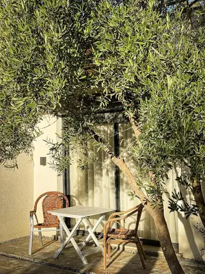 a table and two chairs next to a tree at CASA ULIVO villa en pleine nature in Dar Caïd Bou Driss