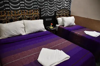 two beds in a room with purple sheets and white pillows at Hôtel La Vallée Des Oiseaux in Boumalne