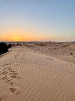 a desert with footprints in the sand and the sunset at Expérience Inoubliable dans une Tente de Luxe en plein Désert de Merzouga ! in Merzouga