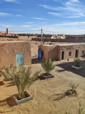 a group of buildings in the desert with palm trees at Sahara Apartements in Merzouga