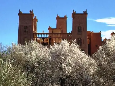 a large brick building with trees in front of it at Kasbah Titrit & Spa in Aït Ben Haddou