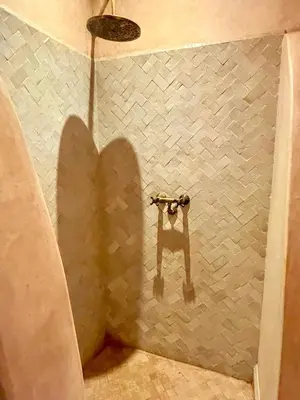 a shadow of a toilet paper dispenser on a wall at Palais Danka in Sraïri