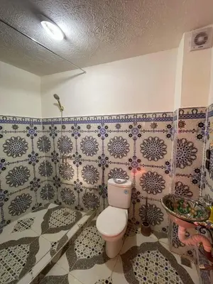 a bathroom with a toilet and tiles on the wall at Dar Boujloud Fez in Fès