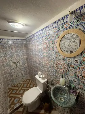 a bathroom with a toilet and a mirror at Dar Boujloud Fez in Fès