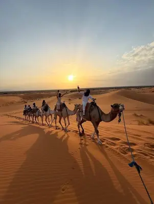 a group of people riding camels in the desert at White Camp Desert Safari in Merzouga