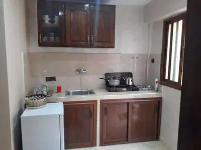 a kitchen with wooden cabinets and a sink at The Orchard Cozy & Comfy Apartment 1 in Ifrane