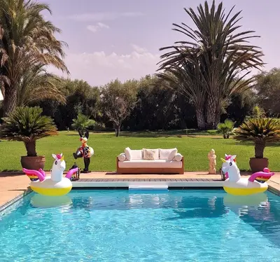 a pool with two inflatable swans in the water at Villa Alcázar Marrakech in Had Abdallah Rhiat