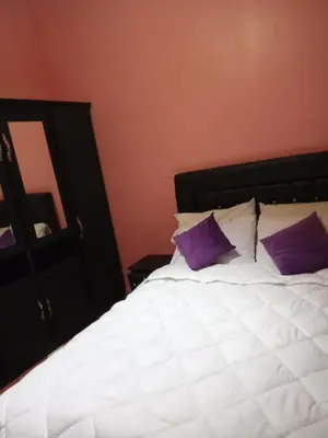 a bedroom with a bed with purple pillows and a mirror at residence kawtar in Meknès