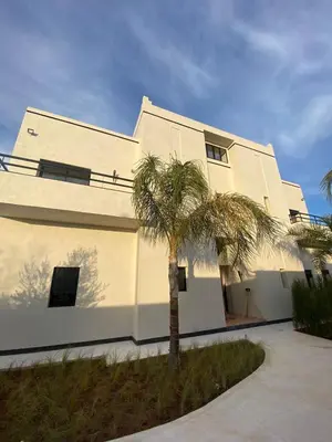 a white building with a palm tree in front of it at Villa Rahma in Marrakech