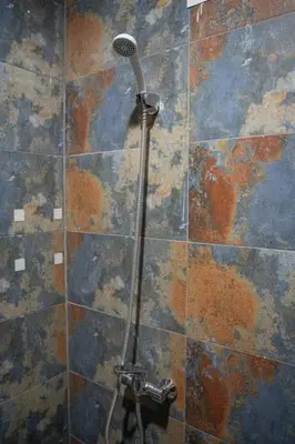 a shower with a shower head on a tiled wall at Bab Atlas appartment N5 in Ourika valley in Aghbalou