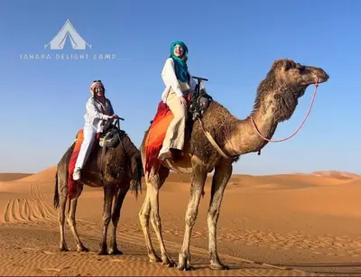 two people riding on the back of a camel in the desert at Sahara Delight Camp in Merzouga