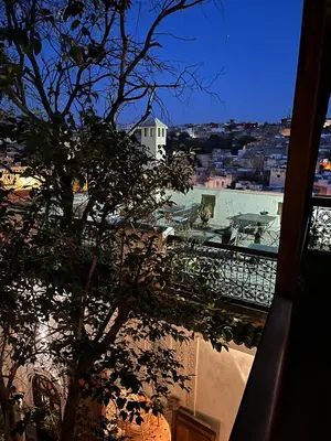 a view of a city from a balcony with a tree at Riad Hanael Garden & Spa in Fès
