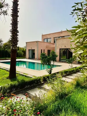 a house with a swimming pool and a palm tree at Villa MK in Aghmat