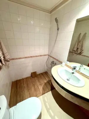 a bathroom with a sink and a toilet and a mirror at Luxueux appartement Assouan centre-ville in Fès
