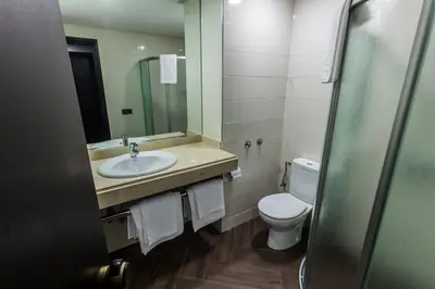 a bathroom with a sink and a toilet and a mirror at Hotel Swani in Meknès