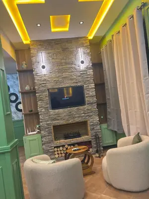 a living room with a fireplace with two chairs and a tv at Vintage Green House in Fès