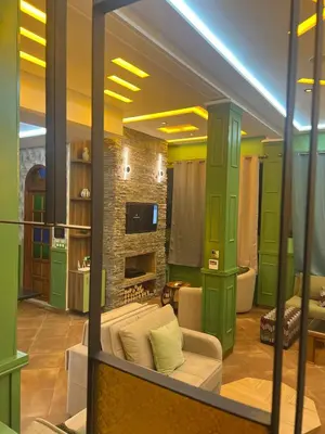 a living room with a couch and a fireplace at Vintage Green House in Fès