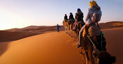 a group of people riding camels in the desert at Private Wild Tent Experience M'Hamid in Mhamid