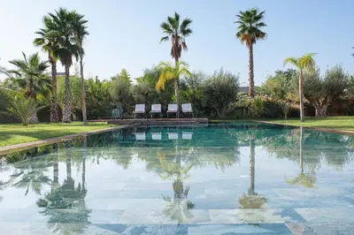 a swimming pool with two chairs and palm trees at Villa Shelter in El Bougaria