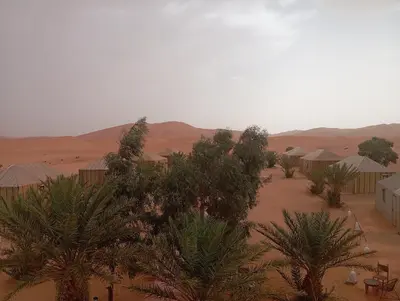 an aerial view of a desert with trees and huts at Merzouga morocco in Tisserdmine