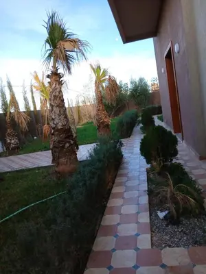 a garden with palm trees next to a building at Villa Adam in Srarhna