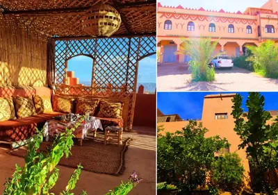 a collage of photos of a house with a couch at Drâa Oasis House Palm Apartment in Ourhiz