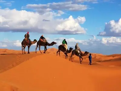 a group of people riding horses in the desert at Quiet Luxury Camp in Merzouga