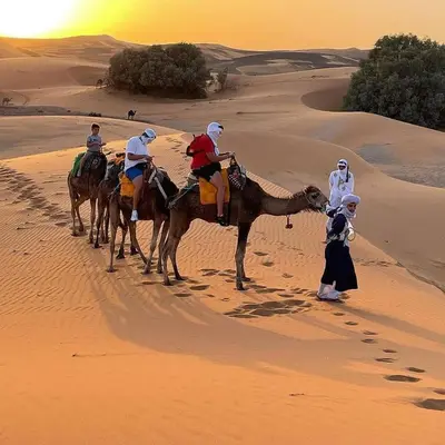 a group of people riding horses in the desert at Quiet Luxury Camp in Merzouga