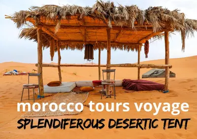 a thatch roofed tent in the desert at sahara camp in Oulad Akkou