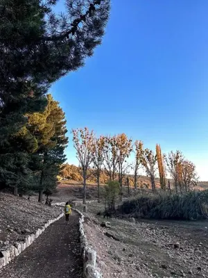 a person walking down a dirt road with trees at Under Stars Cozy Moroccan Lodge by Lake Ouiouane in Kasba des Aït Athmane