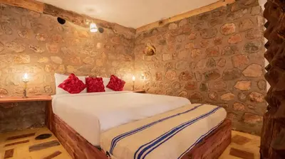 a bedroom with stone walls and a bed with red pillows at Studio Azur in Bine el Ouidane