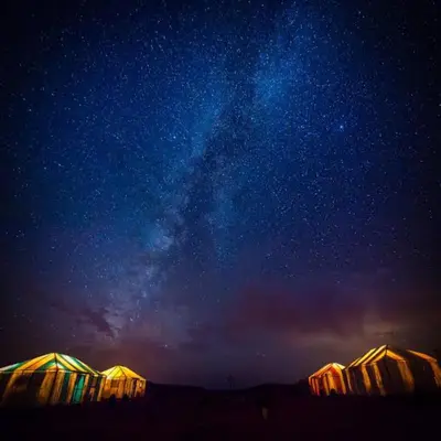 a starry night with the milky way in the sky at Luxury Merzouga Desert Camp in Merzouga