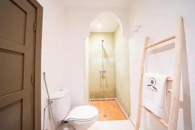 a white bathroom with a toilet and a shower at Palais Aureola Luxury Padel and Home Cinema in NʼChaba
