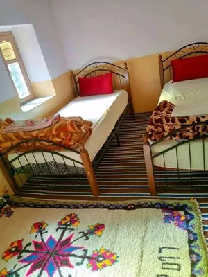 two twin beds in a room with a rug at Gite Itran Taghia in Taghia