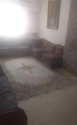 a living room with a couch and a rug at Vue Neige et Forêt Ifrane bien au chaud 3 pieces in Ifrane
