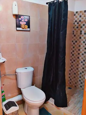a bathroom with a toilet and a black shower curtain at Gîte du lac chez bennouri in Telouet