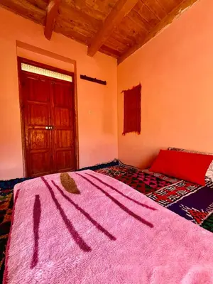 a bedroom with a bed with a pink blanket and a door at Gite Megdaz Ouhadouch in Megdaz
