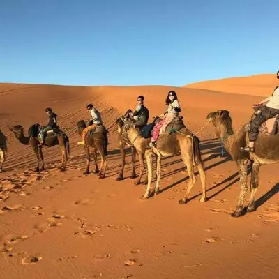 a group of people riding on camels in the desert at luxury camp desert ideal in Merzouga