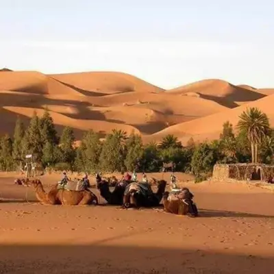 a group of people riding horses in the desert at luxury camp desert ideal in Merzouga