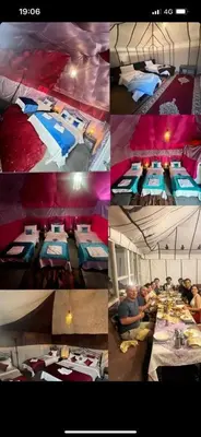 a collage of four pictures of a room with beds at luxury camp desert ideal in Merzouga