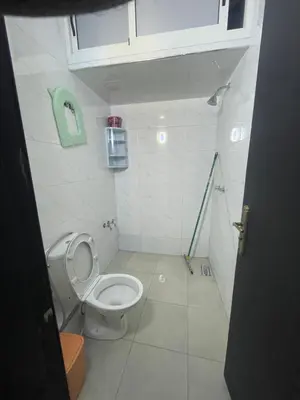 a small bathroom with a toilet and a shower at Dans un bâtiment in Meknès
