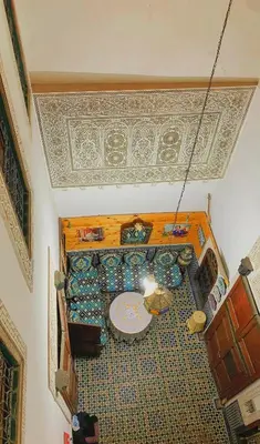 an overhead view of a living room with a table at Dar lmallouki 2 in Fès