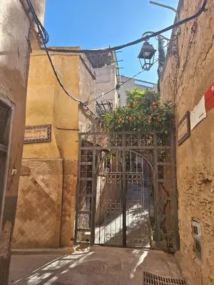an entrance to a stone building with a gate with flowers at Appartement privé Medina in Fès