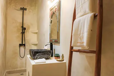 a bathroom with a shower and a sink and a mirror at Dar des gazelles kech in Oulad Abbou