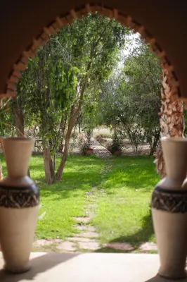 two vases on a window with a view of a yard at Dar des gazelles kech in Oulad Abbou