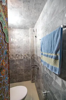 a bathroom with a shower with a toilet and blue towels at Dar Amazigh in Fès