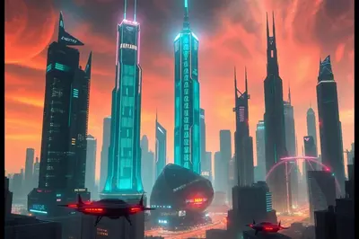 a view of a futuristic city with tall buildings at bed&breakfast in Merzouga