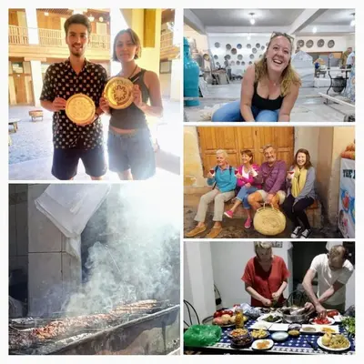 a collage of photos of people holding plates of food at Dar Fes Familly in Fès